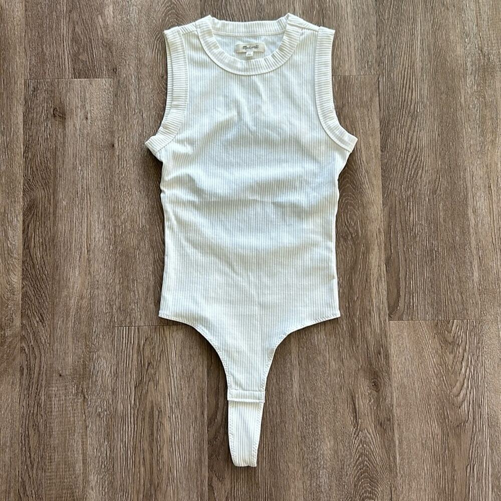 Madewell Crewneck Thong Sleekhold Bodysuit‎ Cream XS High Neck Cutout Ribbed